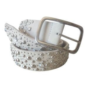 Cream Leather Studded Belt Rhinestones Silver Buckle